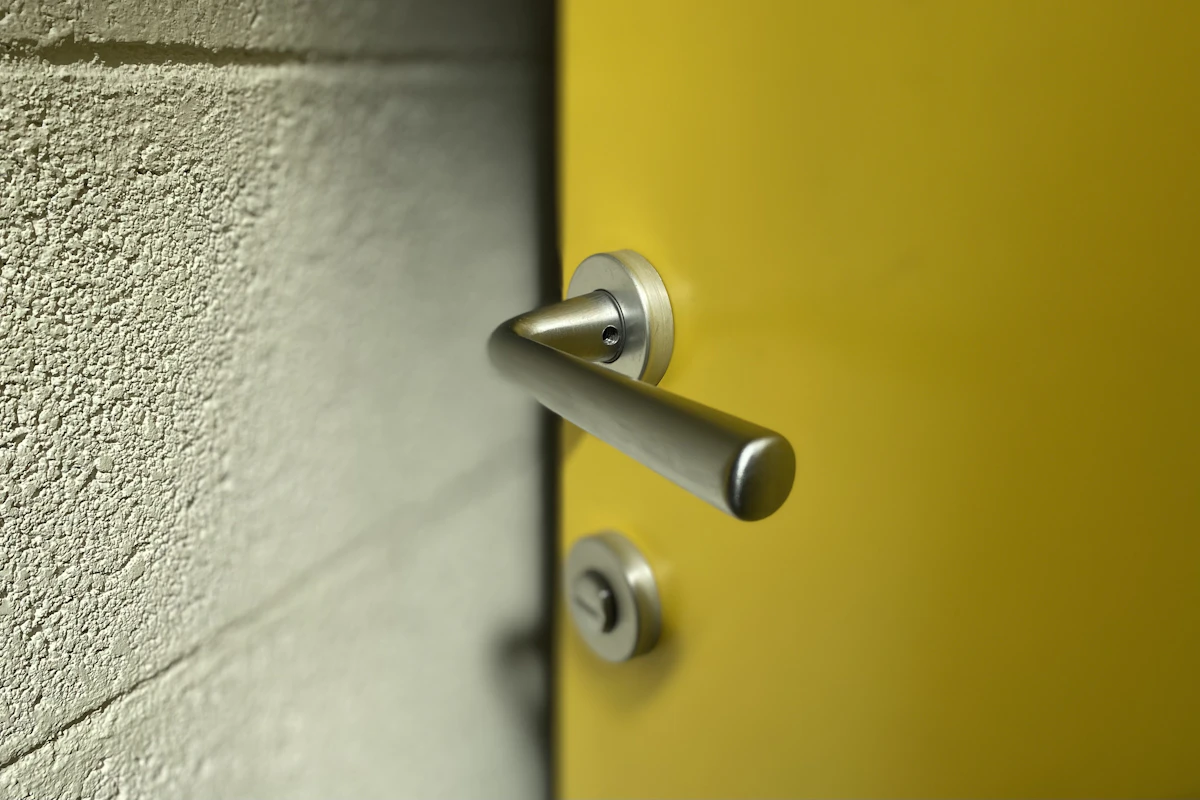Stainless steel lever door handle on a wooden interior door — the set screw sits at the lever's neck