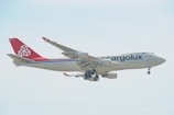 A large cargo airplane with the 'Cargolux' branding is captured mid-flight against a light, slightly cloudy sky. The aircraft has a predominantly white fuselage with a distinct red tail and engines. The branding and company logo are visible, along with the registration code on the side.