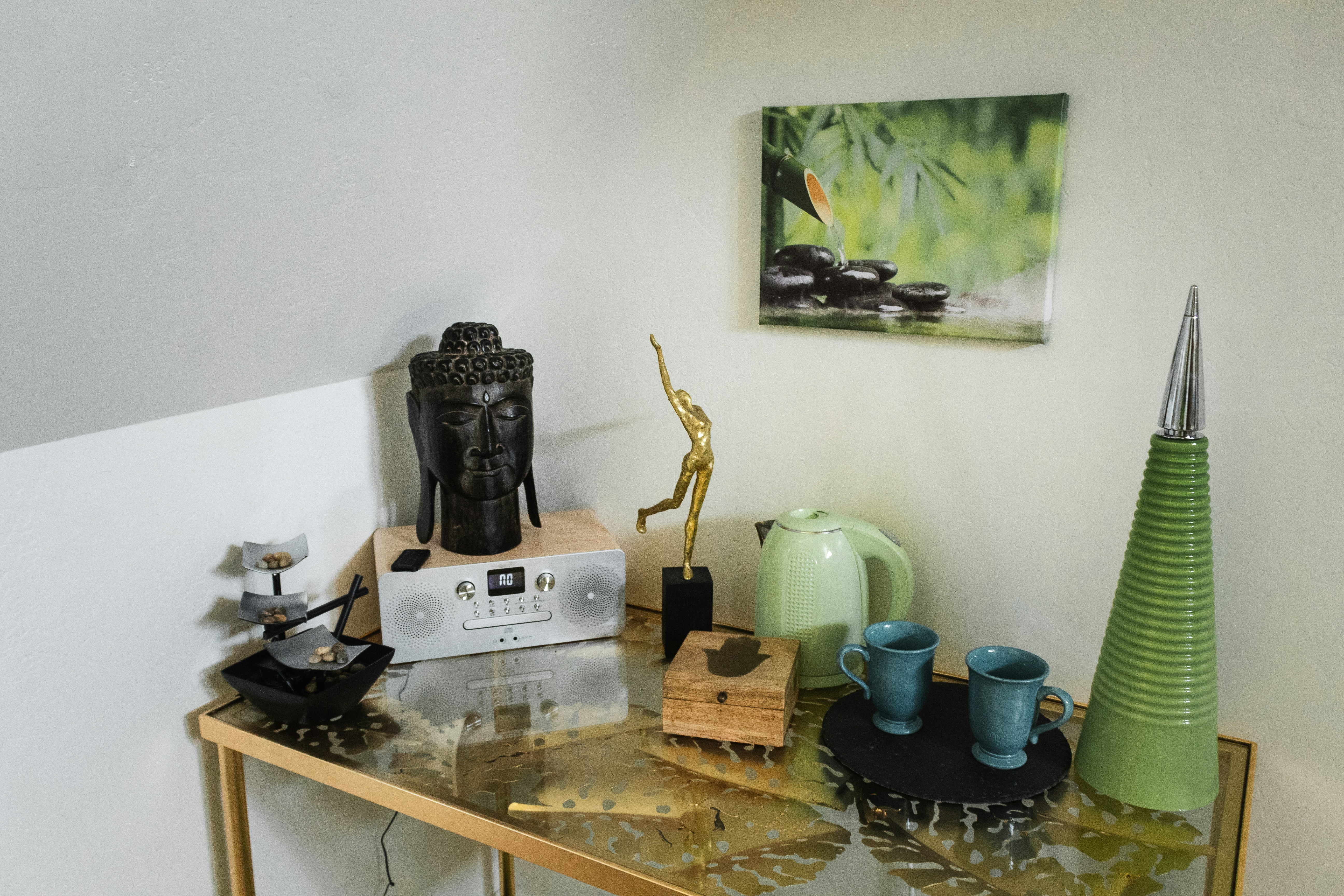 black and white coffee maker on brown wooden table, 