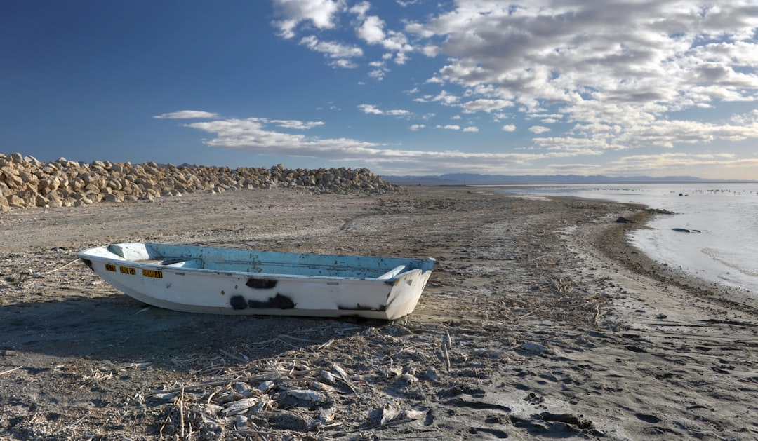 white and blue boat on brown sand under blue sky during daytime