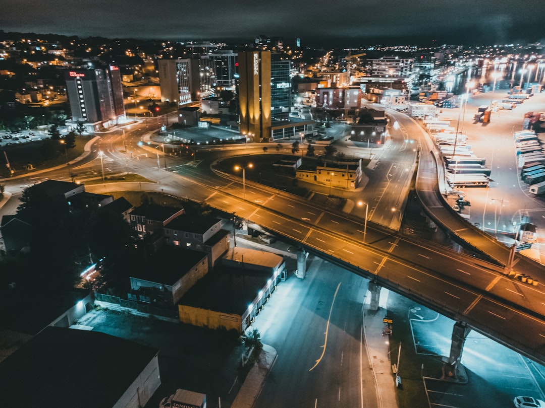 aerial view of city buildings during night time