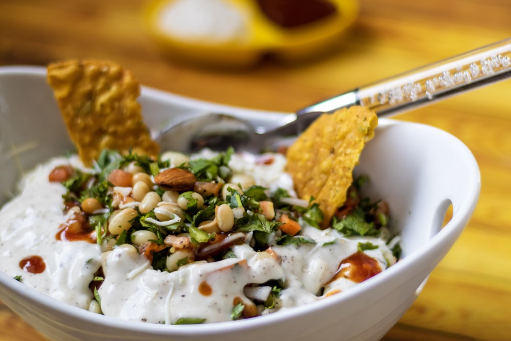 white ceramic bowl with food