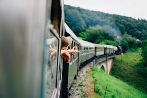 A train traveling through a lush green landscape with passengers leaning out of the windows, their arms extended into the open air. The train curves along a track over a bridge, with rolling hills and dense forests in the background.