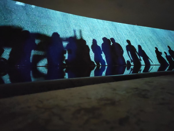 Abstract shadows cast by dancers on a textured wall.