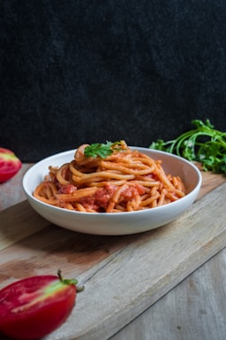 pasta dish on white ceramic bowl