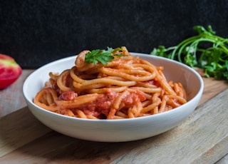 pasta dish on white ceramic bowl