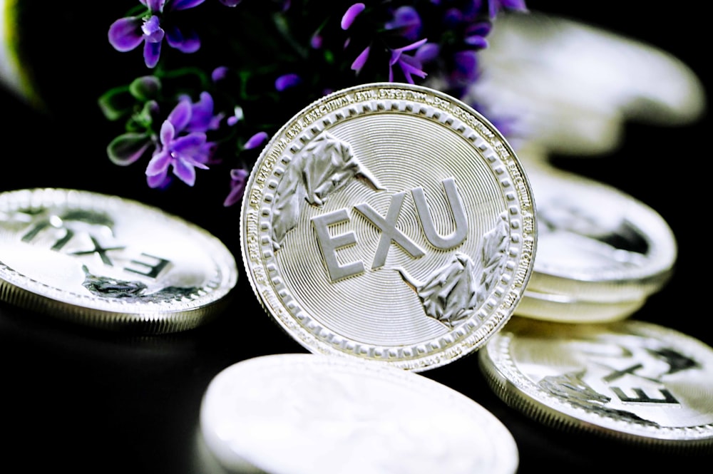 silver round coin on purple flower