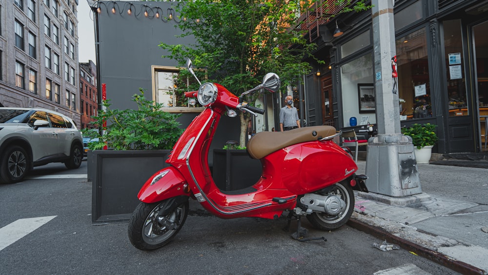 Scooter rojo estacionado junto a un árbol verde durante el día