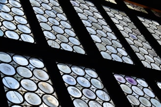 A set of round paneled windows featuring a pattern of circular glass pieces arranged in a grid. The glass has varying levels of transparency, with some displaying a slight iridescent effect. The framework is dark, contrasting with the light filtering through the windows.