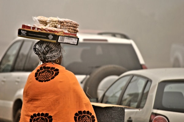 Person in orange and black shirt holding brown and white cake