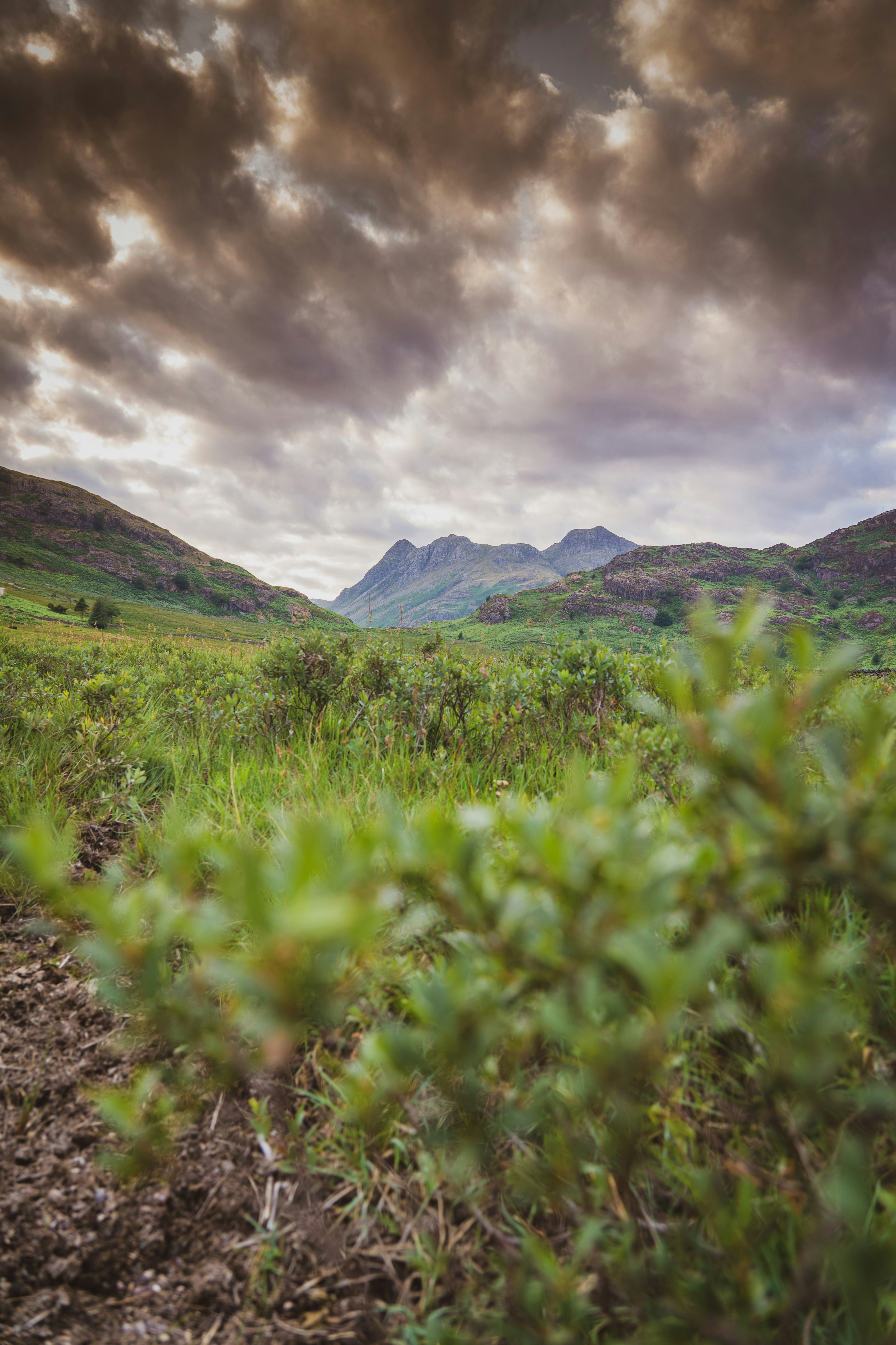 green grass field near mountain under cloudy sky during daytime