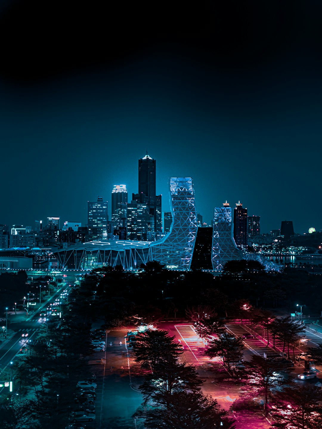 city skyline during night time