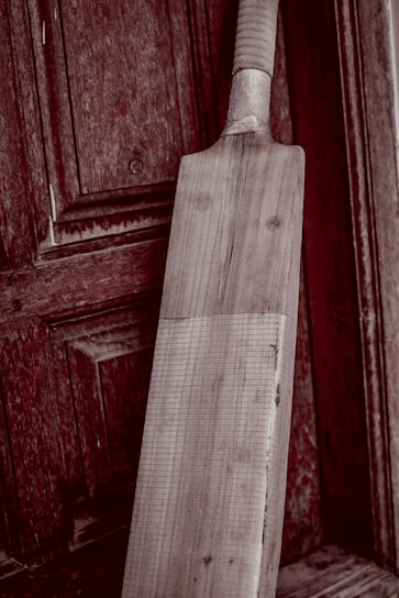 A wooden cricket bat leaning against an aged, textured wooden door. The bat has a light wooden color and visible grain patterns, with a taped handle. The background features a rich, dark wood with intricate panels and a slightly weathered appearance.