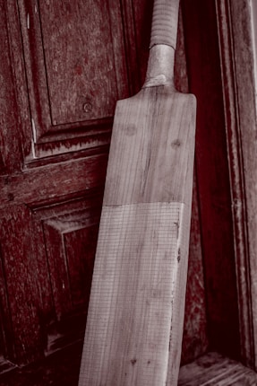 A wooden cricket bat leaning against an aged, textured wooden door. The bat has a light wooden color and visible grain patterns, with a taped handle. The background features a rich, dark wood with intricate panels and a slightly weathered appearance.