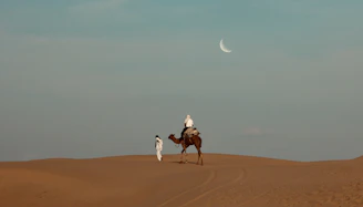 man in white shirt riding camel on brown sand during daytime