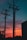 Several utility poles and power lines are silhouetted against a vibrant sunset sky, where the colors transition from deep blue at the top to fiery orange and red at the horizon. The silhouette of trees and a building can be seen in the foreground.