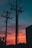 Several utility poles and power lines are silhouetted against a vibrant sunset sky, where the colors transition from deep blue at the top to fiery orange and red at the horizon. The silhouette of trees and a building can be seen in the foreground.