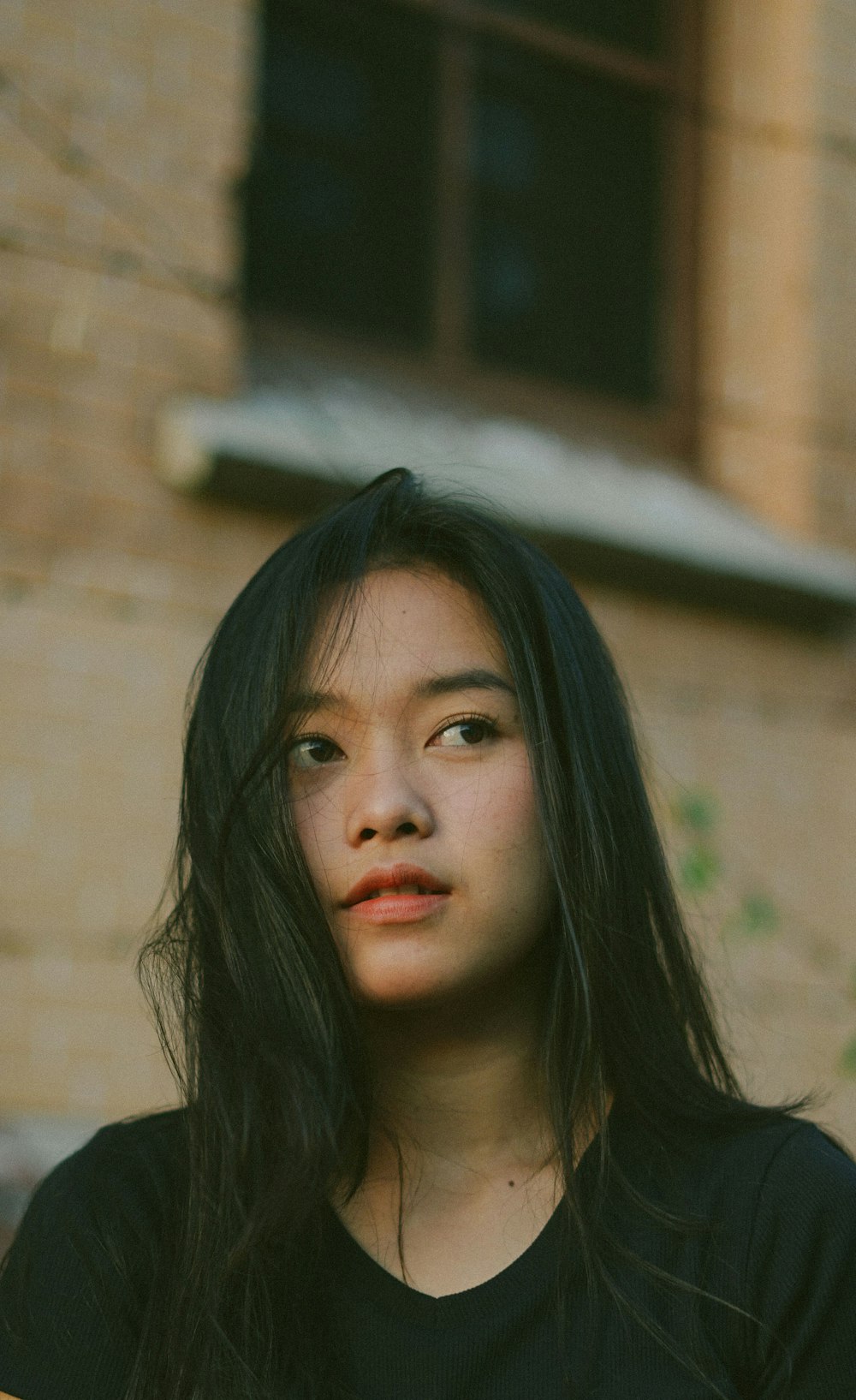 woman in black hair and red lipstick