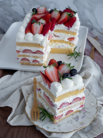 A layered sponge cake decorated with fresh strawberries and blueberries, topped with whipped cream. The cake appears moist and fluffy, with visible layers of cream and strawberries inside. It is displayed on a floral-patterned plate alongside a wooden fork. There is a larger cake in the background with a slice cut out, showcasing its detailed layers.