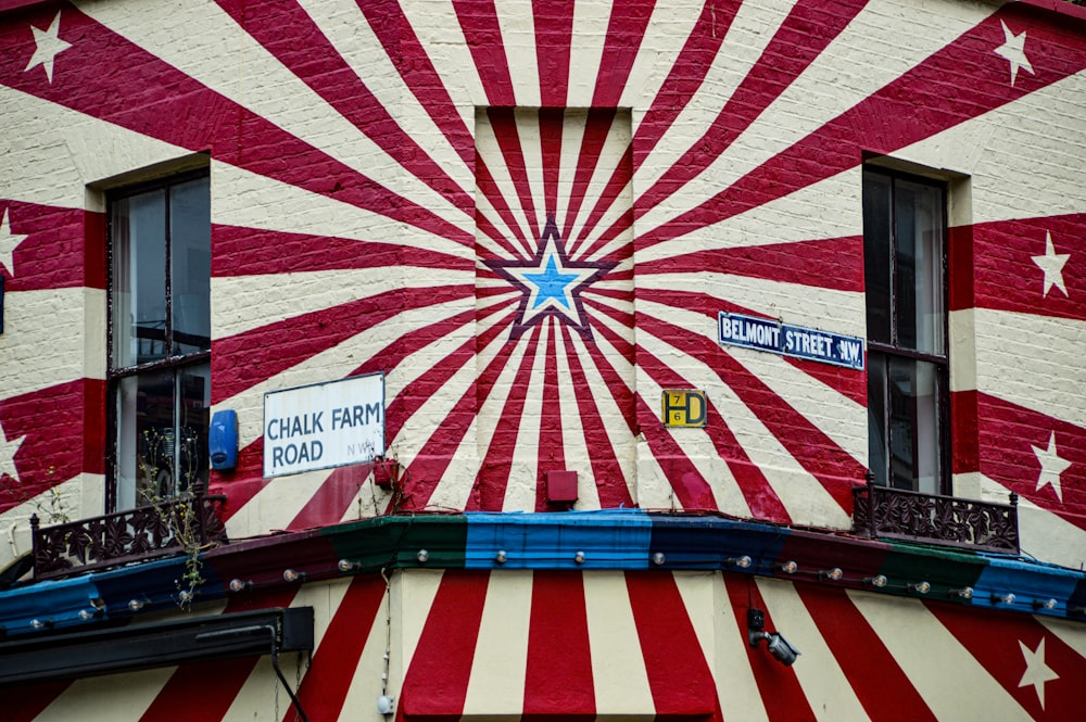 red white and blue striped building