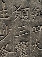 Intricate stone carvings displaying ancient Asian characters, etched with precision into a textured surface.