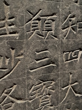 Intricate stone carvings displaying ancient Asian characters, etched with precision into a textured surface.
