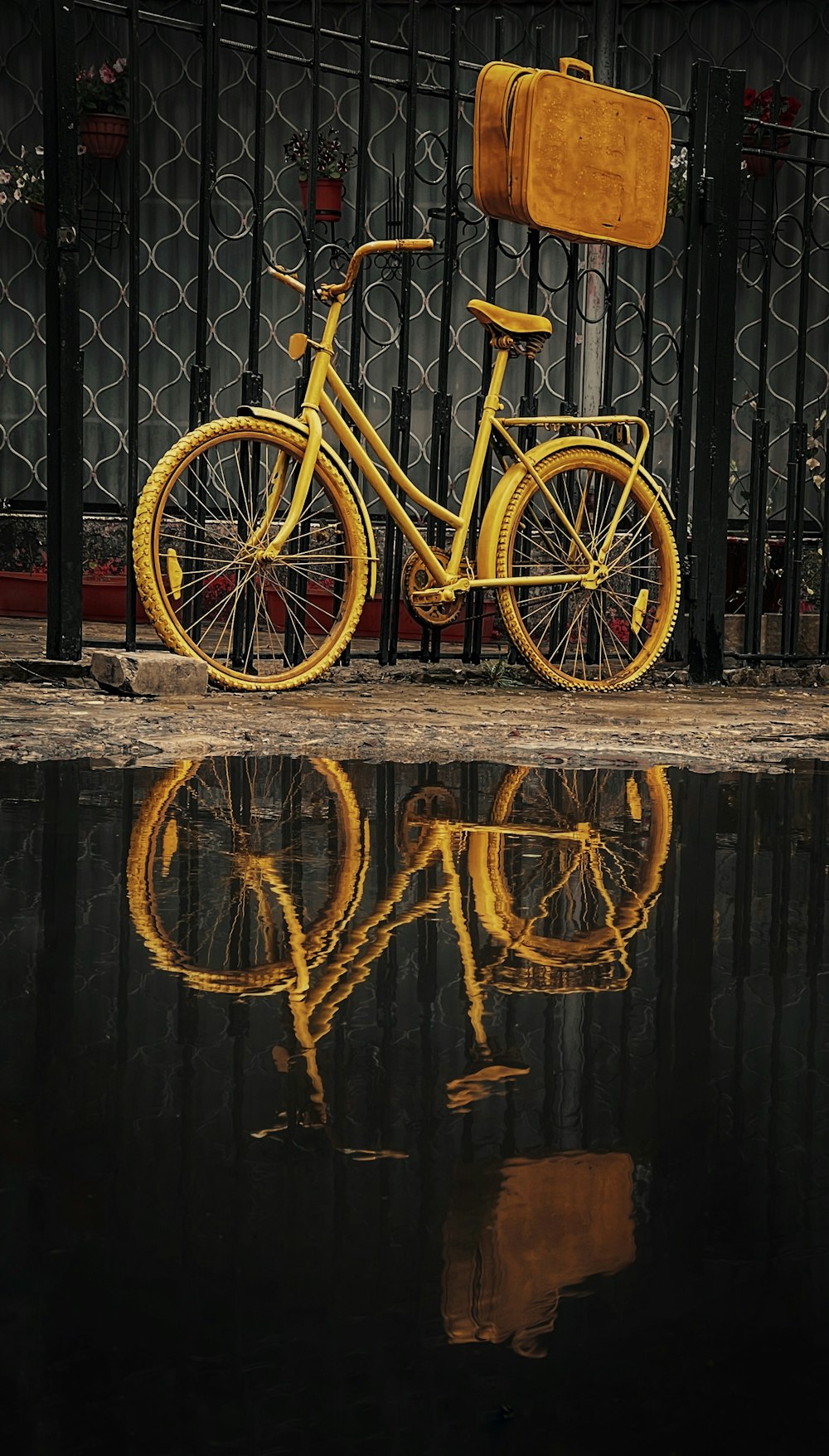 yellow bicycle on brown wooden fence
