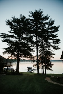 Muskoka lakefront cottage backyard with private dock and boat on a calm morning.