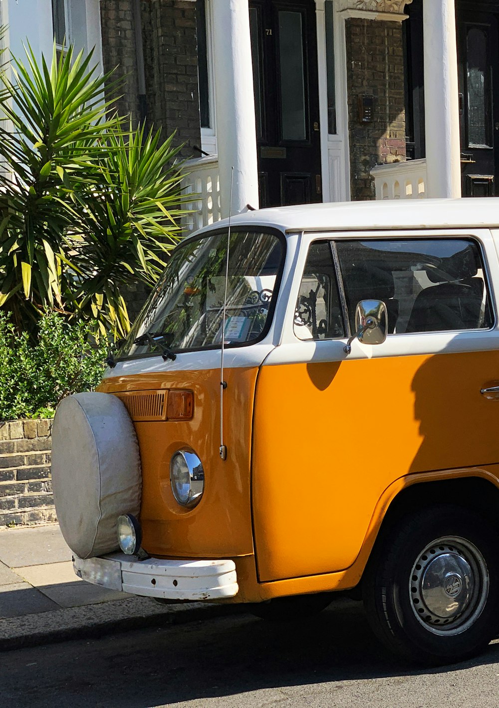 orange and white volkswagen t-2 van parked beside palm tree during daytime