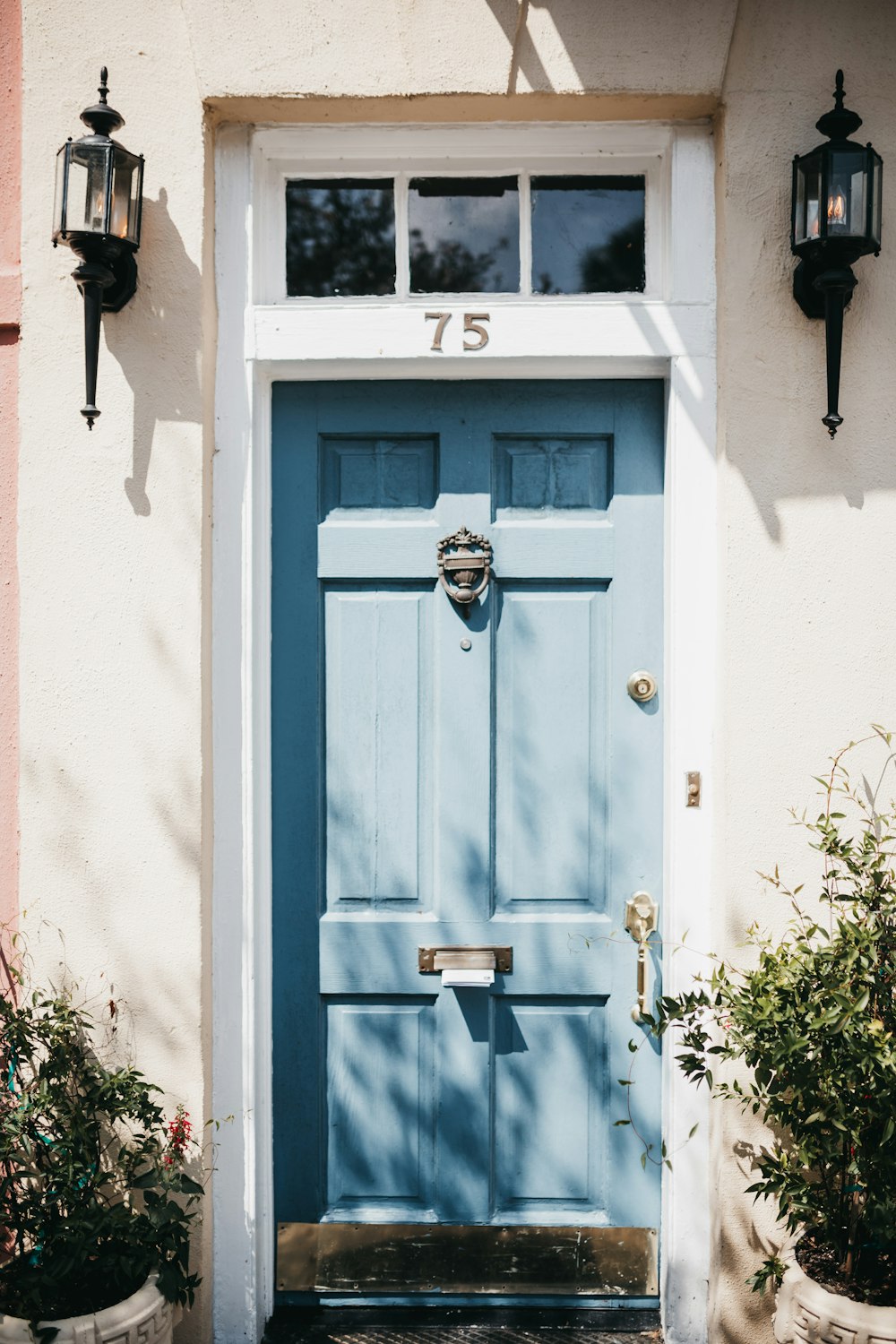 blue wooden door with black steel door lever