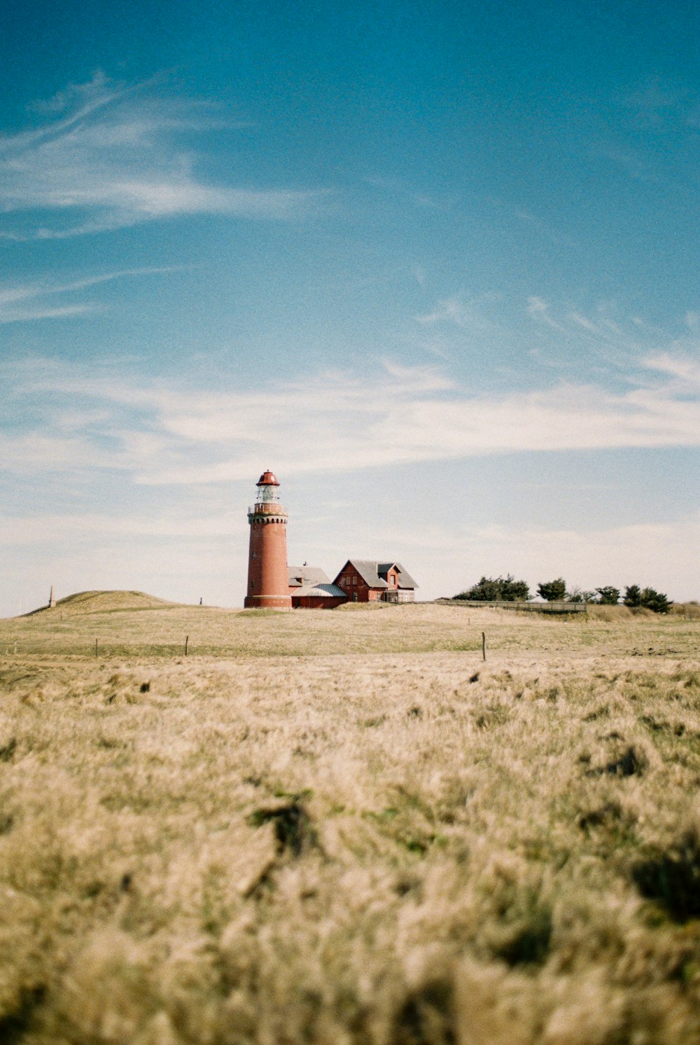 weiß-roter Leuchtturm auf braunem Grasfeld unter blauem Himmel tagsüber