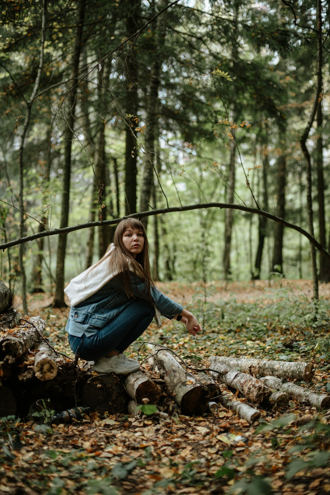 woman in blue long sleeve shirt sitting on brown log in forest during daytime