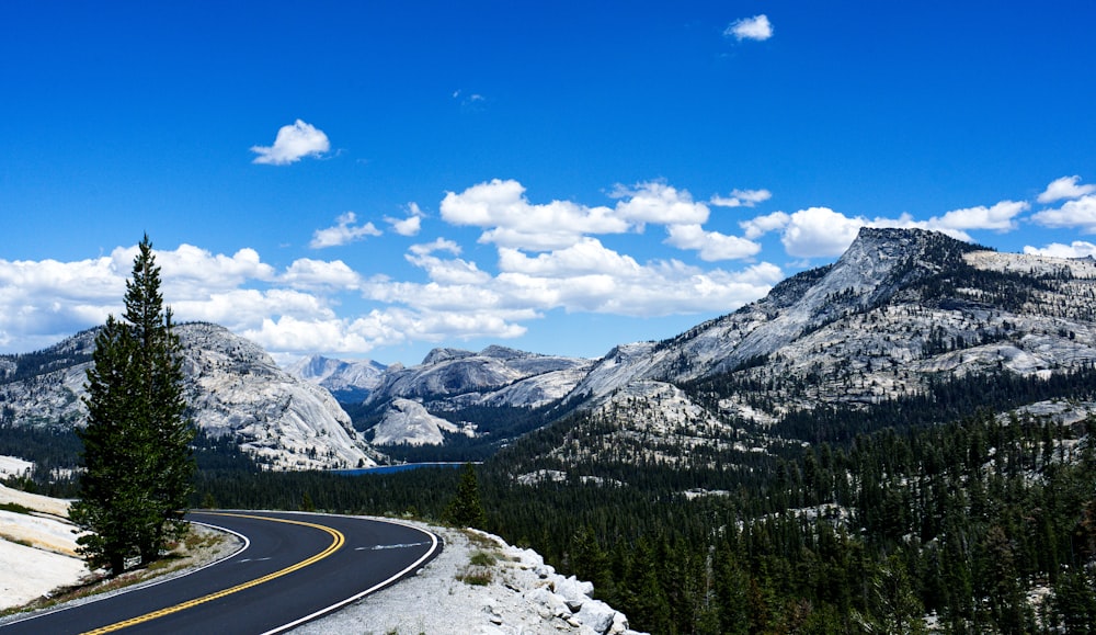 gray concrete road between green trees and mountains under blue sky during daytime