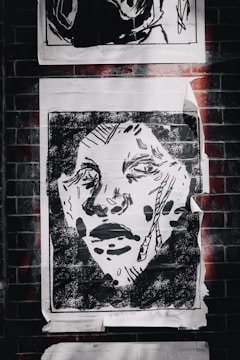 An artistic flyer featuring black, white, and beige tones with textured background