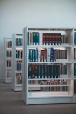 books on white wooden shelf