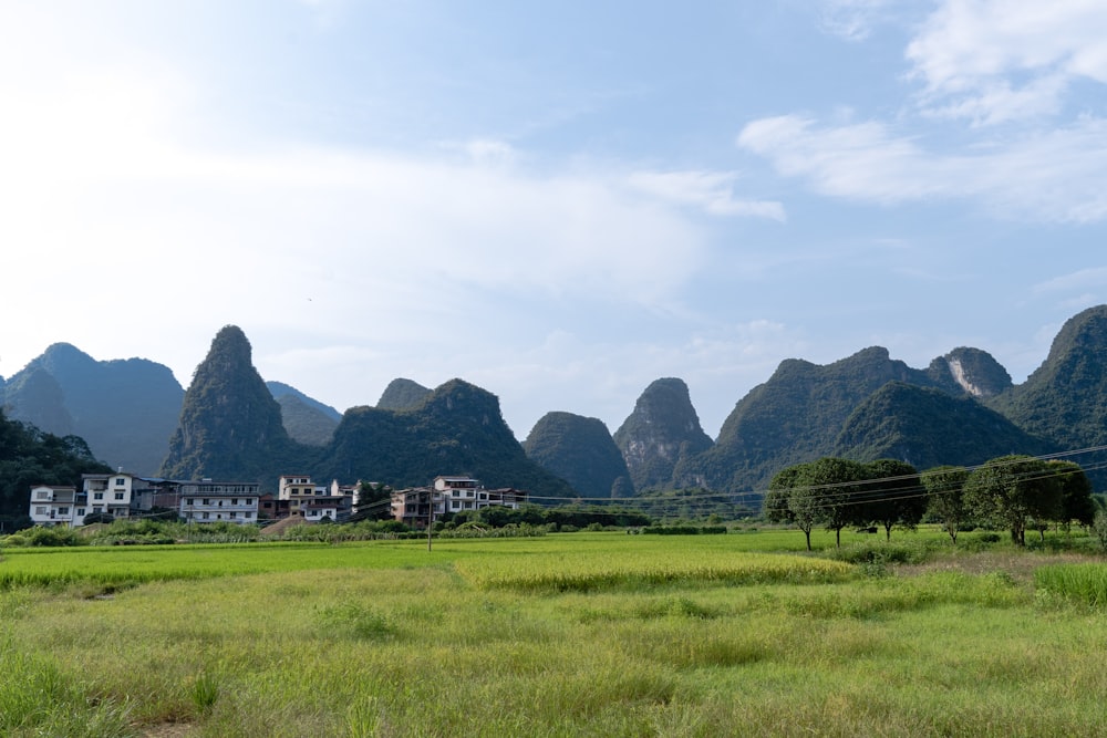 green grass field near mountain under white sky during daytime