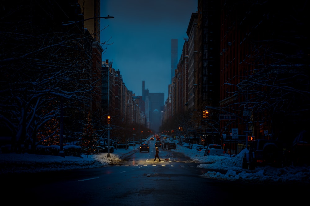 cars on road between high rise buildings during night time