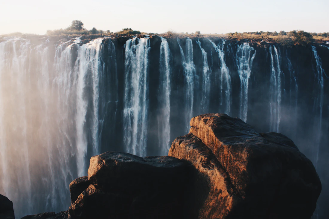The thundering curtain of water at Victoria Falls on the Zambezi River between Zambia and Zimbabwe
