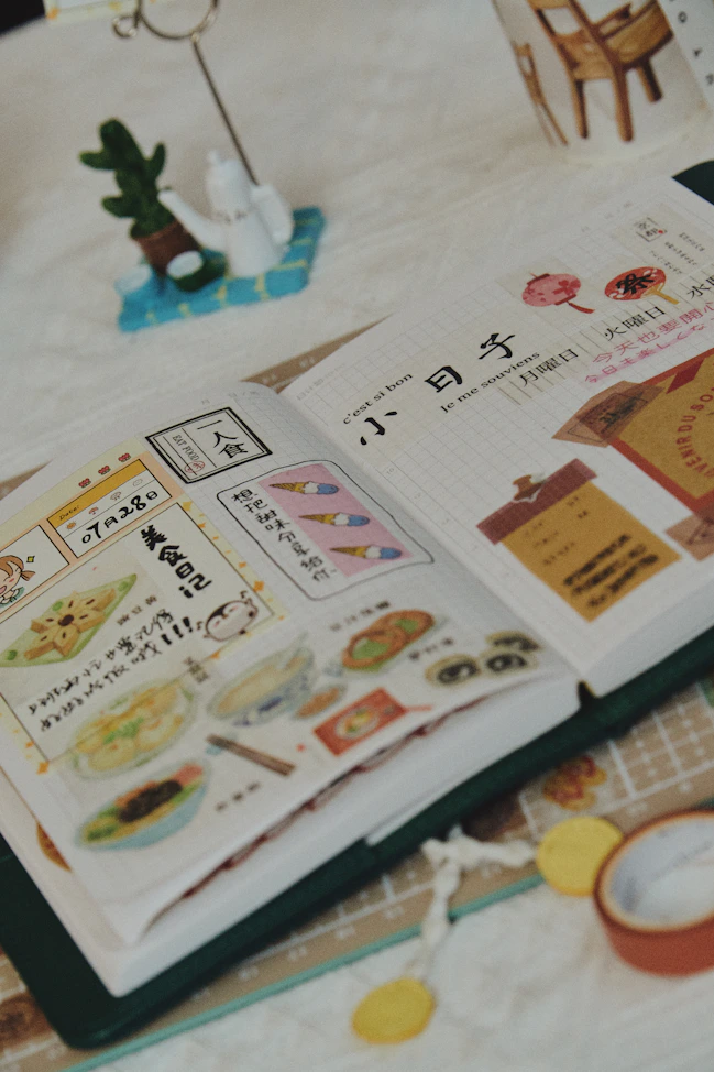 journal with stickers and washi tape