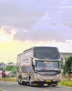 A large, modern bus with sleek, aerodynamic design is traveling on a road. The bus is branded with the Mercedes logo and has reflective windows. The road is surrounded by green foliage and some industrial buildings in the background. The sky is cloudy with patches of soft sunlight.