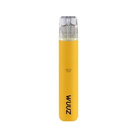 A sleek, yellow electronic vape pen with a clear top section and the brand name 'WUUZ' printed on the body. It features a small pixelated heart icon in the center of the body.