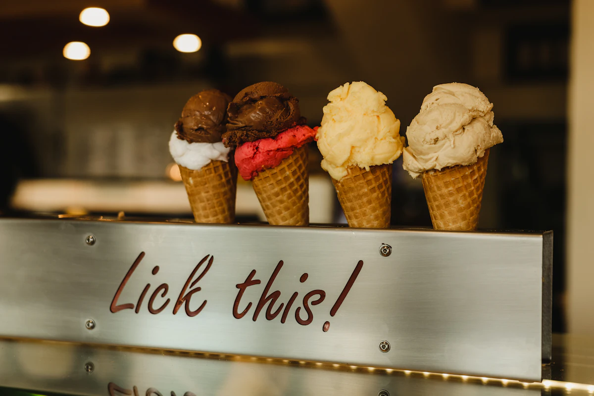 Colorful ice cream cones on a display