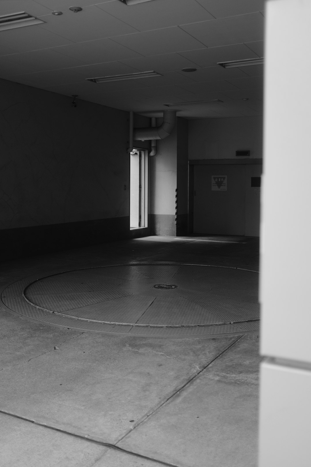 grayscale photo of hallway with no people