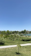 A vast park landscape with neatly trimmed grass, scattered small trees and shrubs, and a walking path. A water body is visible in the background, surrounded by more greenery and a clear blue sky overhead.