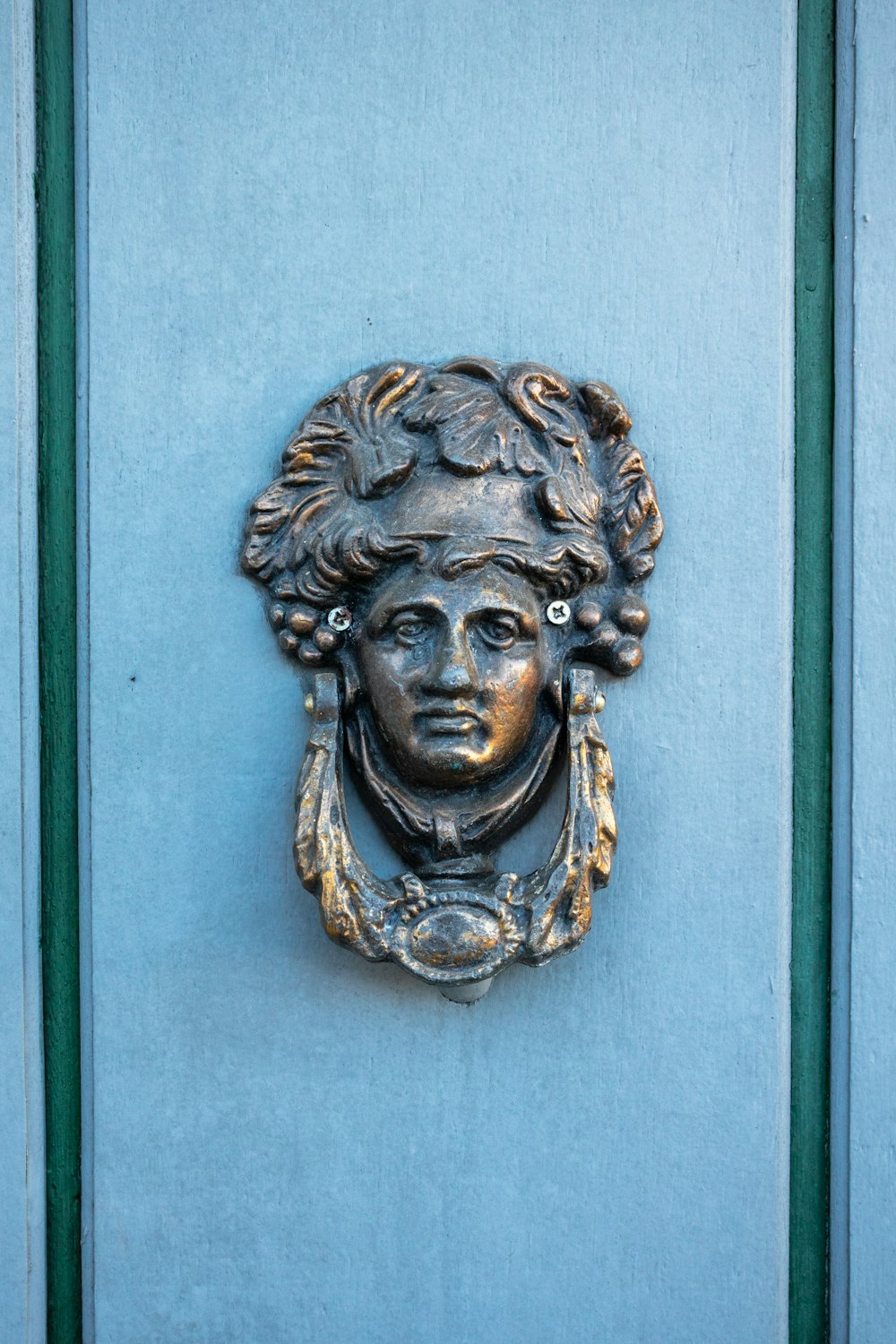 gold lion head bust on blue wooden door