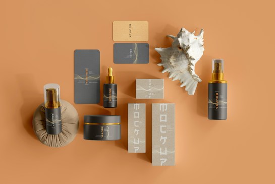 A collection of skincare products displayed on a tan background. The set includes various bottles and boxes featuring dark gray and beige colors with gold accents. A large seashell is placed among the products, adding an organic touch to the arrangement. The items are arranged neatly, highlighting their elegant design and branding.