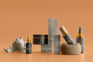 A neatly arranged display of skincare bottles and creams with subtle orange accents.