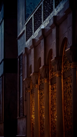 The image features a series of elaborately designed golden columns with intricate carvings, illuminated by warm light. The columns stand against a backdrop of dark, richly textured walls, creating a contrast between light and shadow.