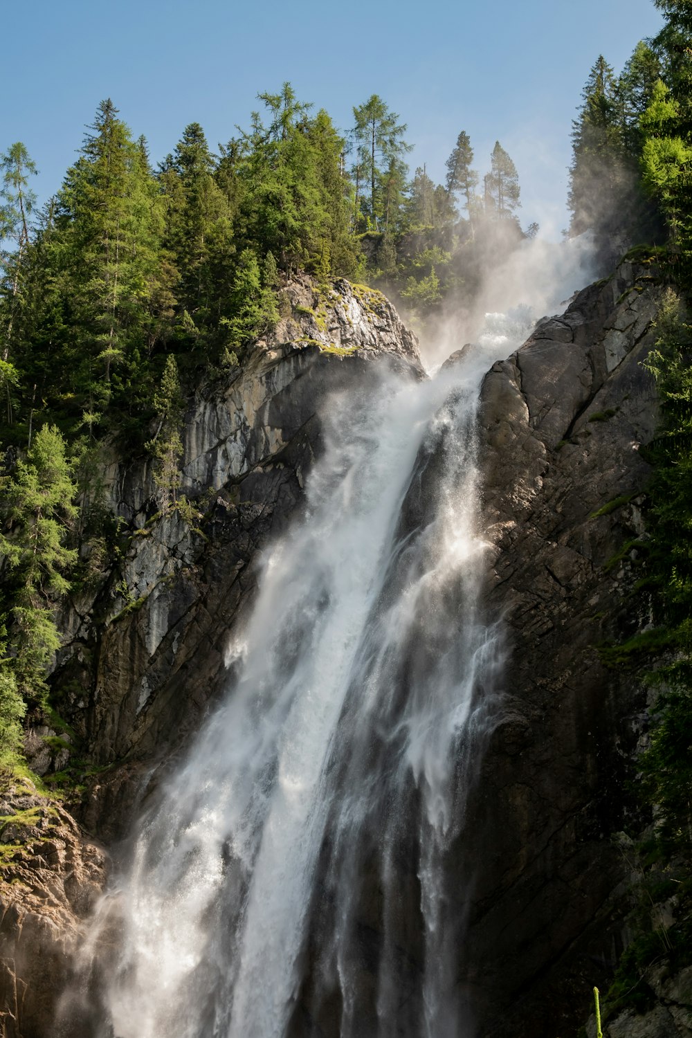 waterfalls in the middle of green trees