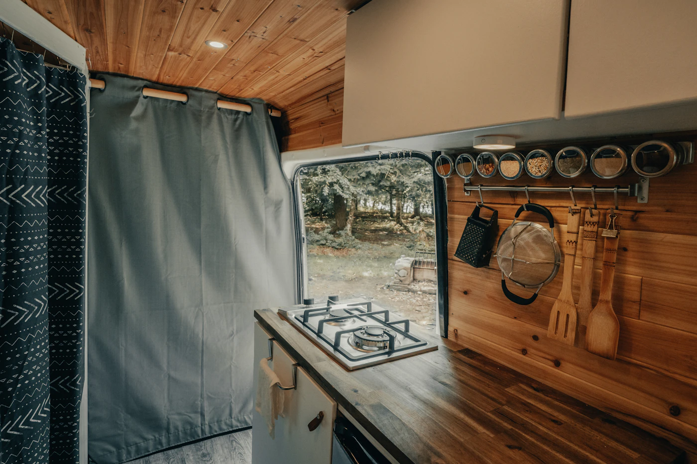 A kitchen unit inside a converted van